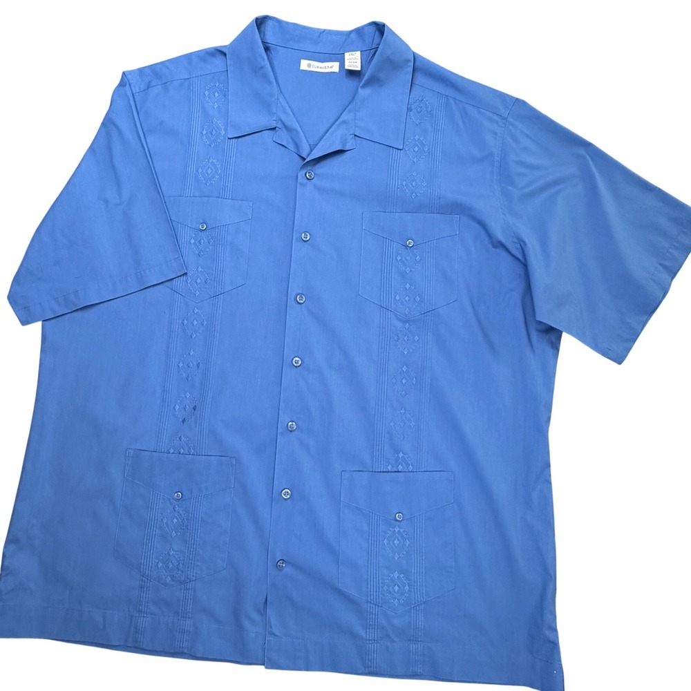 Cubavera Mens Blue Short Sleeve Guayabera Shirt Embroidered Pintuck 2XLT Tall